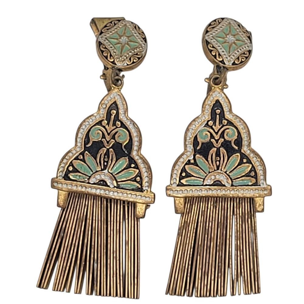 Vintage Spanish Damascene Enamel Fringe Tassel Clip On Earrings Mystic Glam
